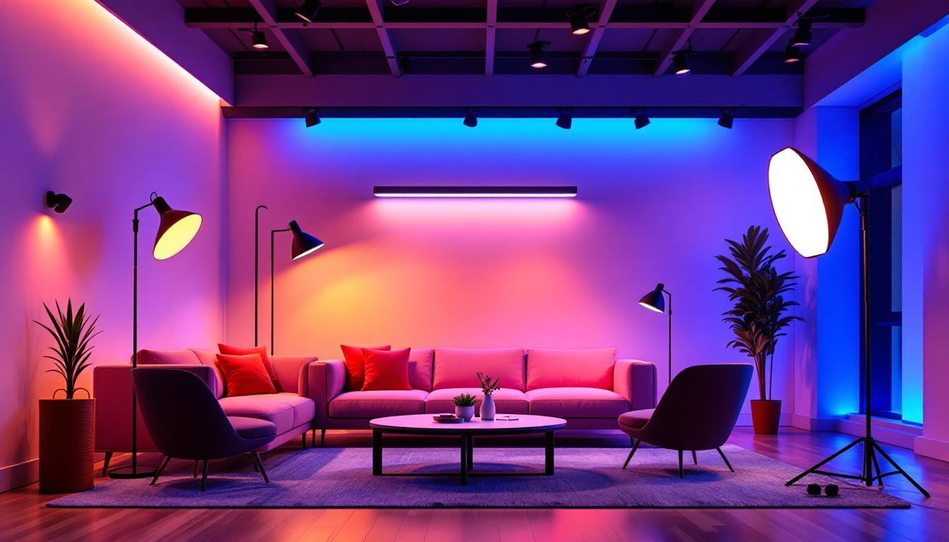 A photograph of a modern lighting design setup featuring rab electric fixtures in a stylish interior space