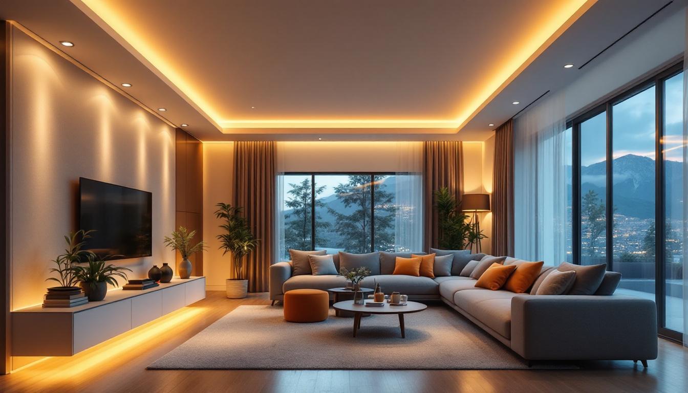 A photograph of a modern living space showcasing sleek led recessed retrofit lights installed in the ceiling