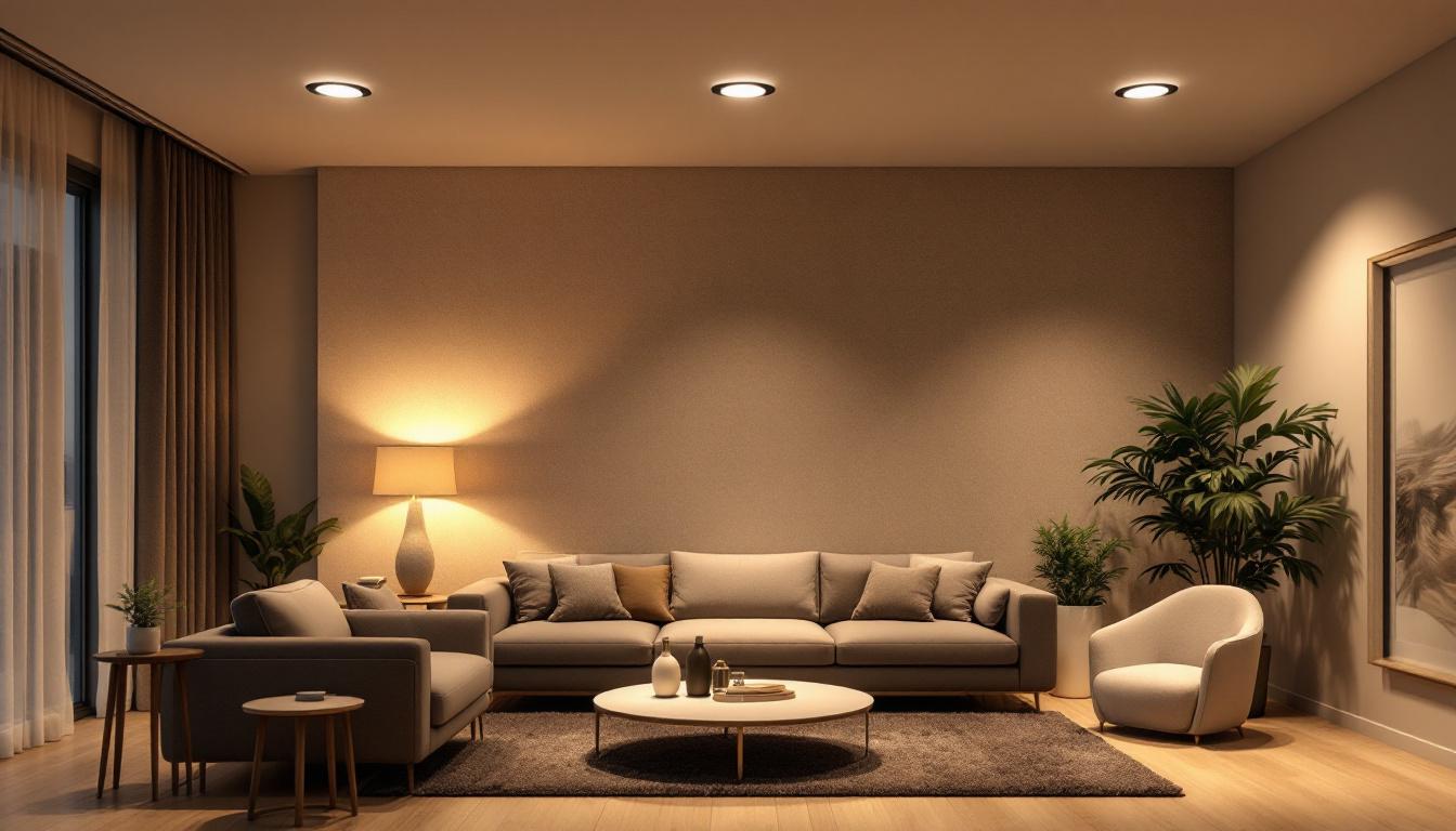 A photograph of a well-lit room showcasing shallow recessed can lights installed in various ceiling heights and placements