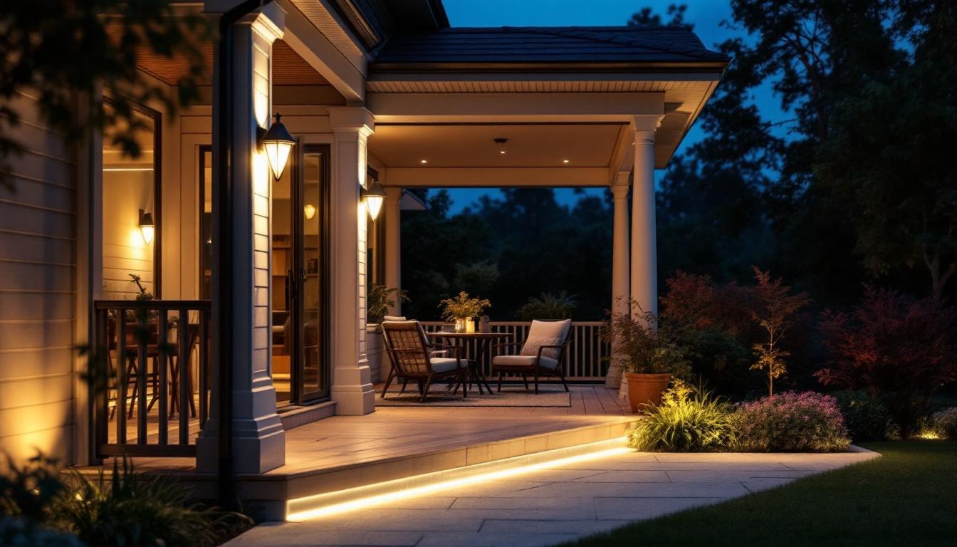 A photograph of a beautifully lit porch showcasing stylish led lights integrated into an advanced lighting system