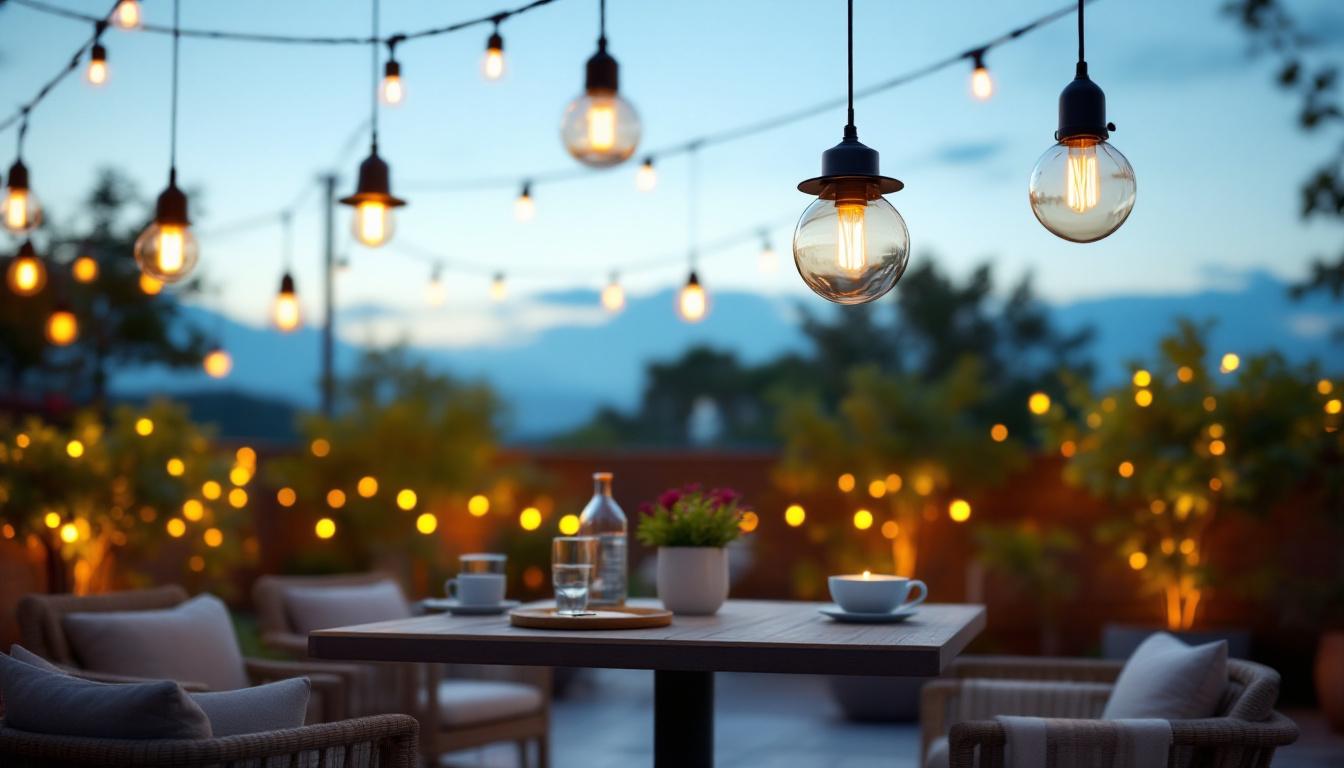 A photograph of a beautifully arranged outdoor setting featuring various hanging light fixtures