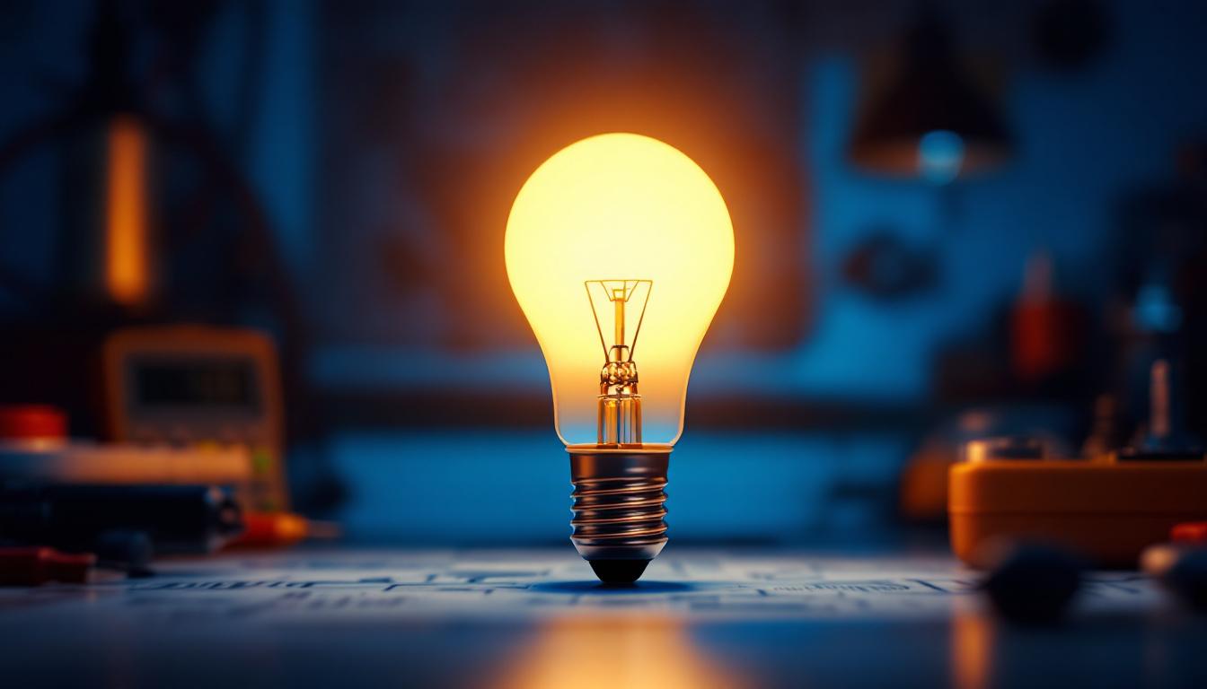 A photograph of a close-up of a type a led bulb illuminated in a dimly lit environment