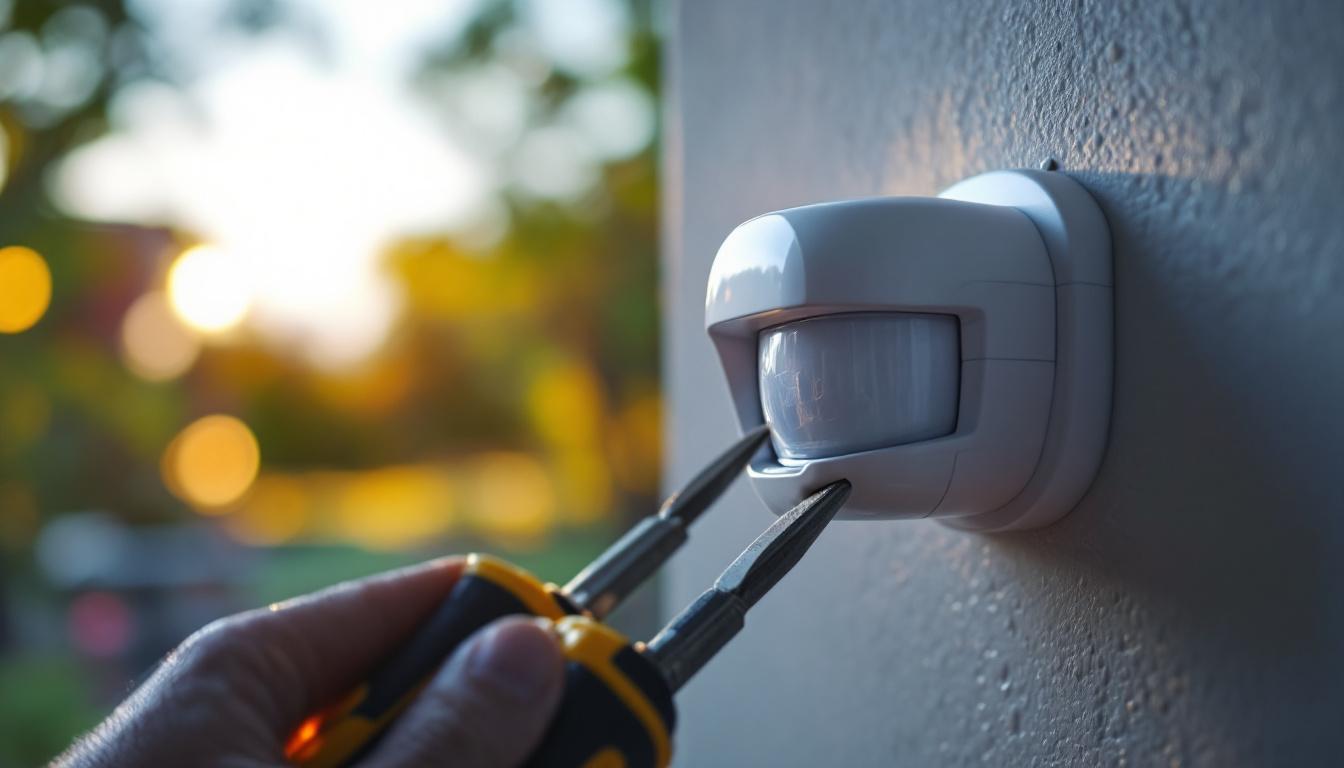 A photograph of a close-up shot of a motion light sensor being installed or replaced