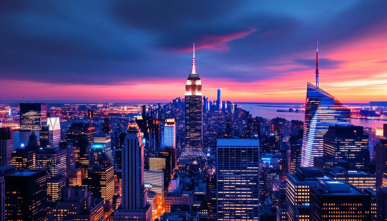 A photograph of a well-lit new york city skyline at dusk
