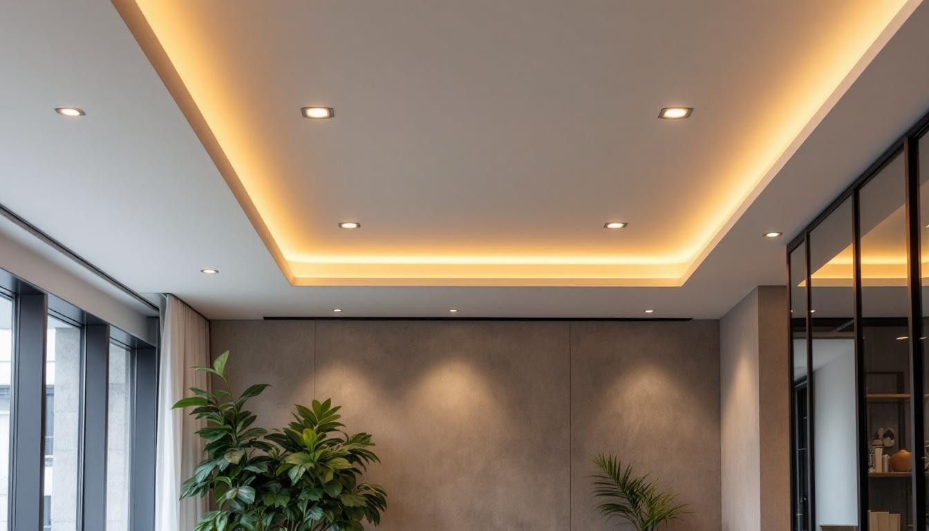 A photograph of a modern interior space featuring sleek flat recessed lighting