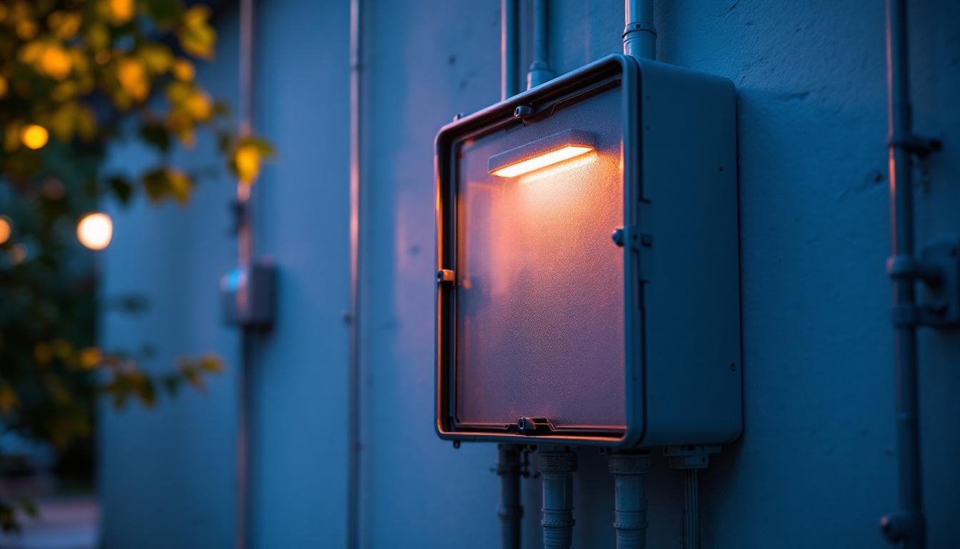 A photograph of capture a photograph of an outdoor utility box installed near a lighting system