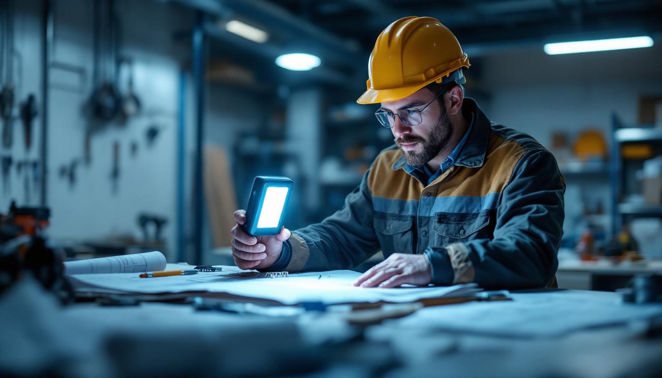 A photograph of a skilled electrical engineer examining a portable led light in a well-lit workspace