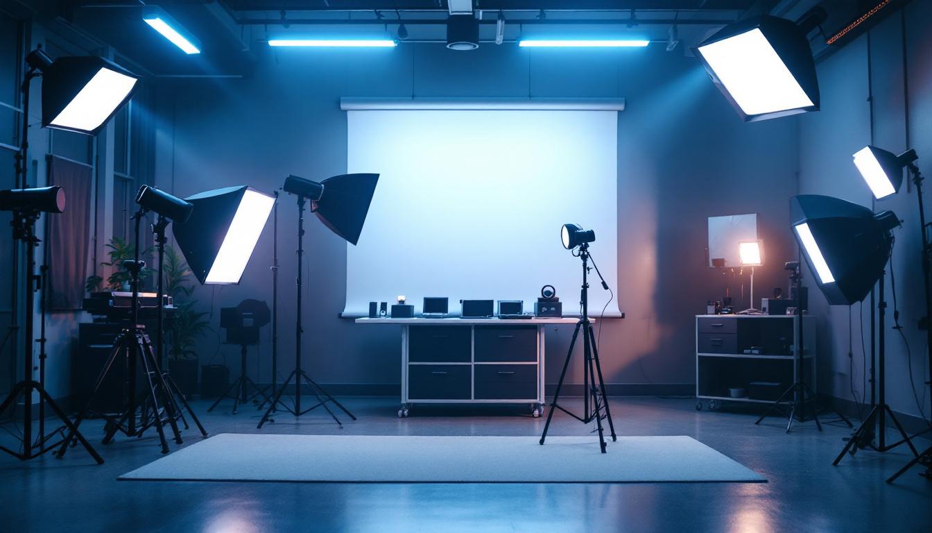 A photograph of a modern light lab showcasing various lighting setups and equipment