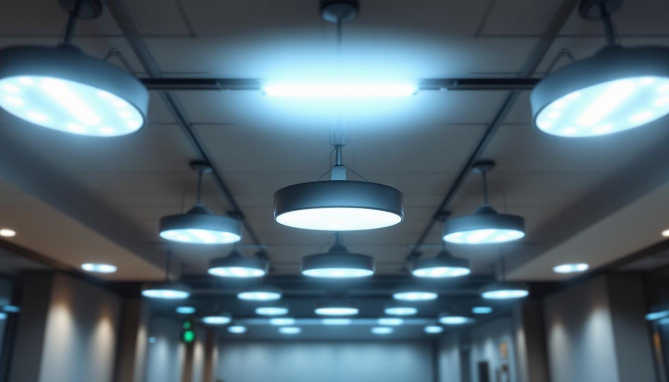 A photograph of a well-lit indoor space showcasing various led lighting fixtures