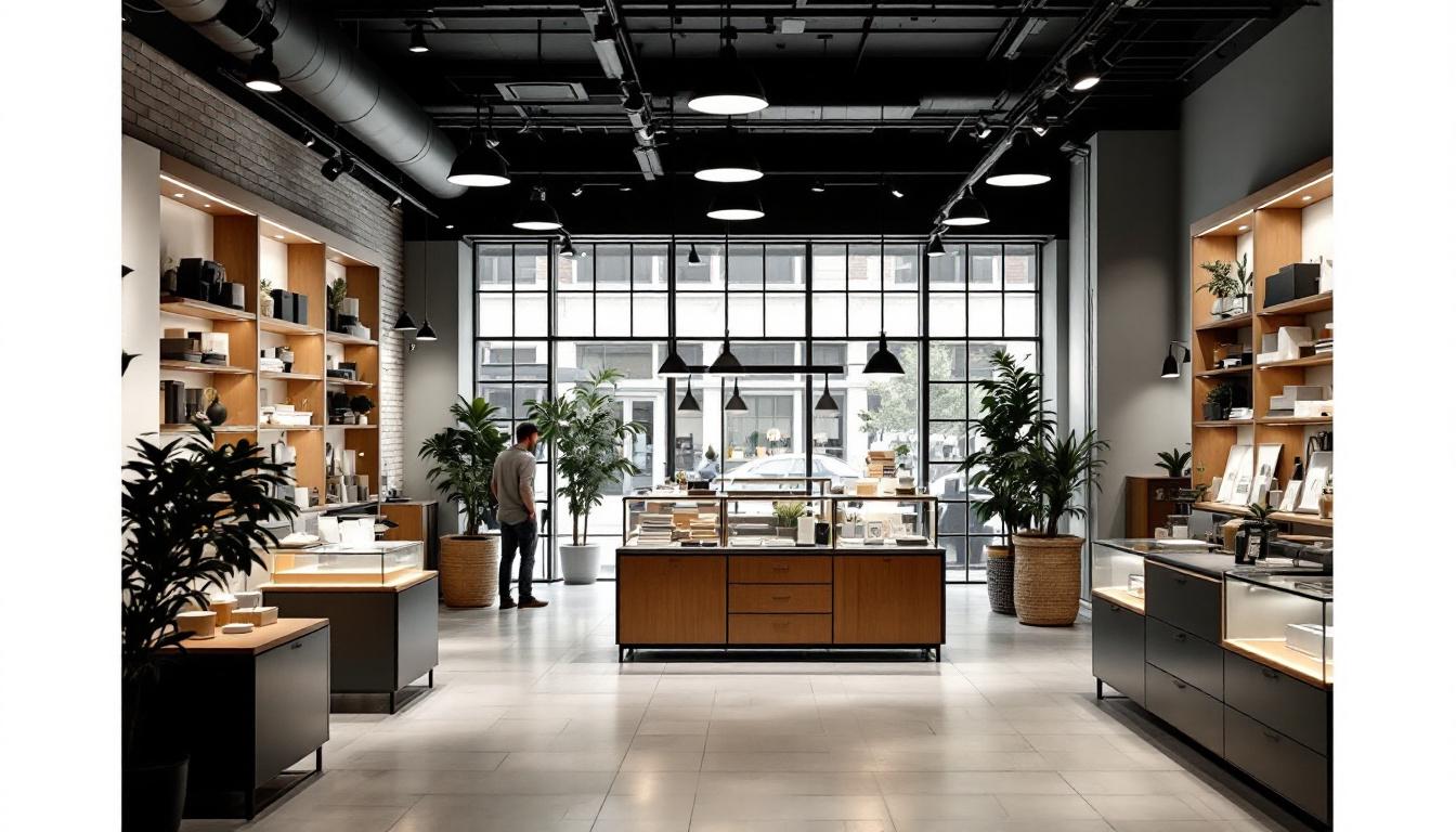 A photograph of a well-lit retail space showcasing a variety of lighting fixtures and their effects on product displays