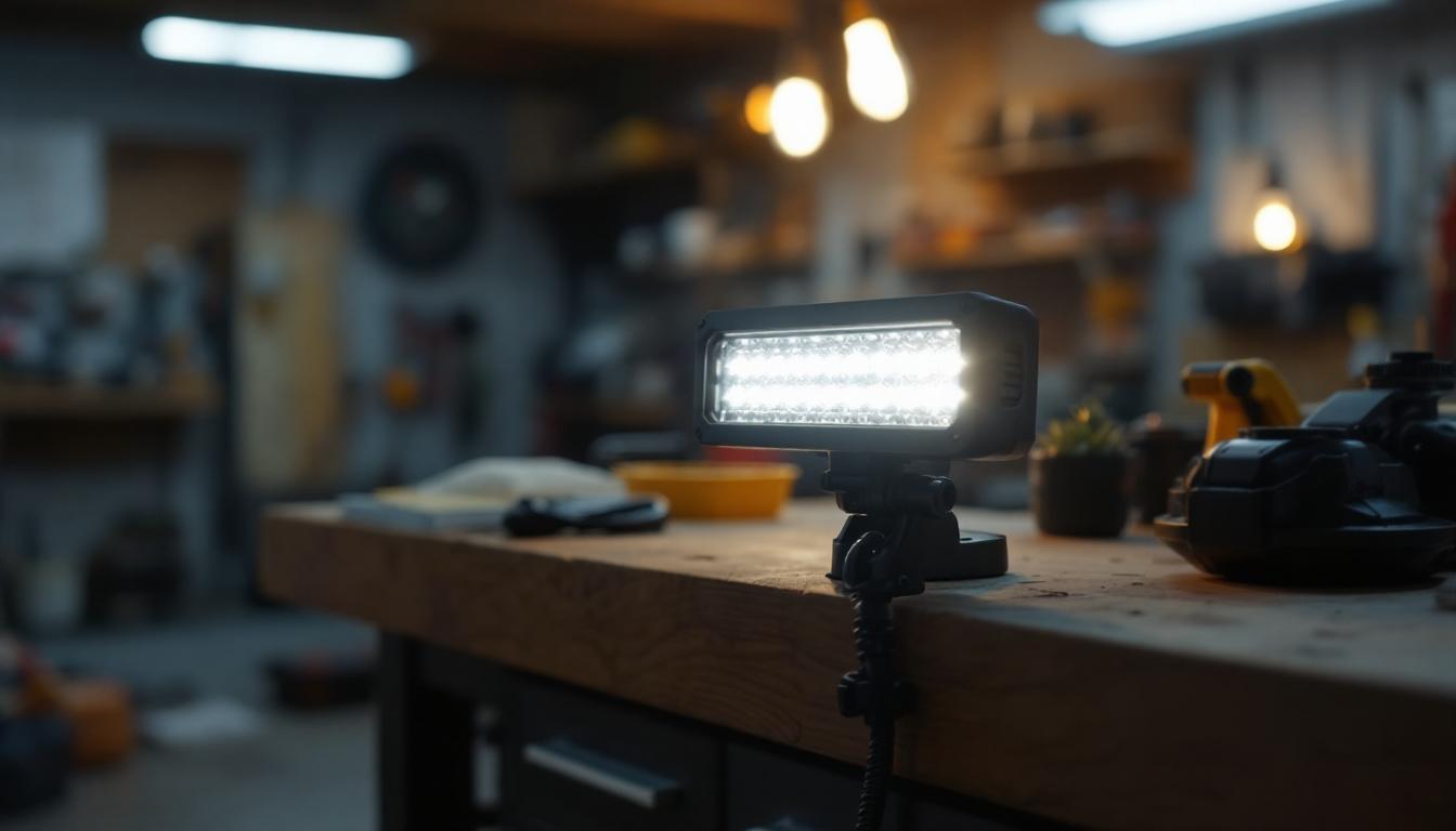 A photograph of a well-lit workshop or outdoor setting showcasing an 8-inch led light bar in action