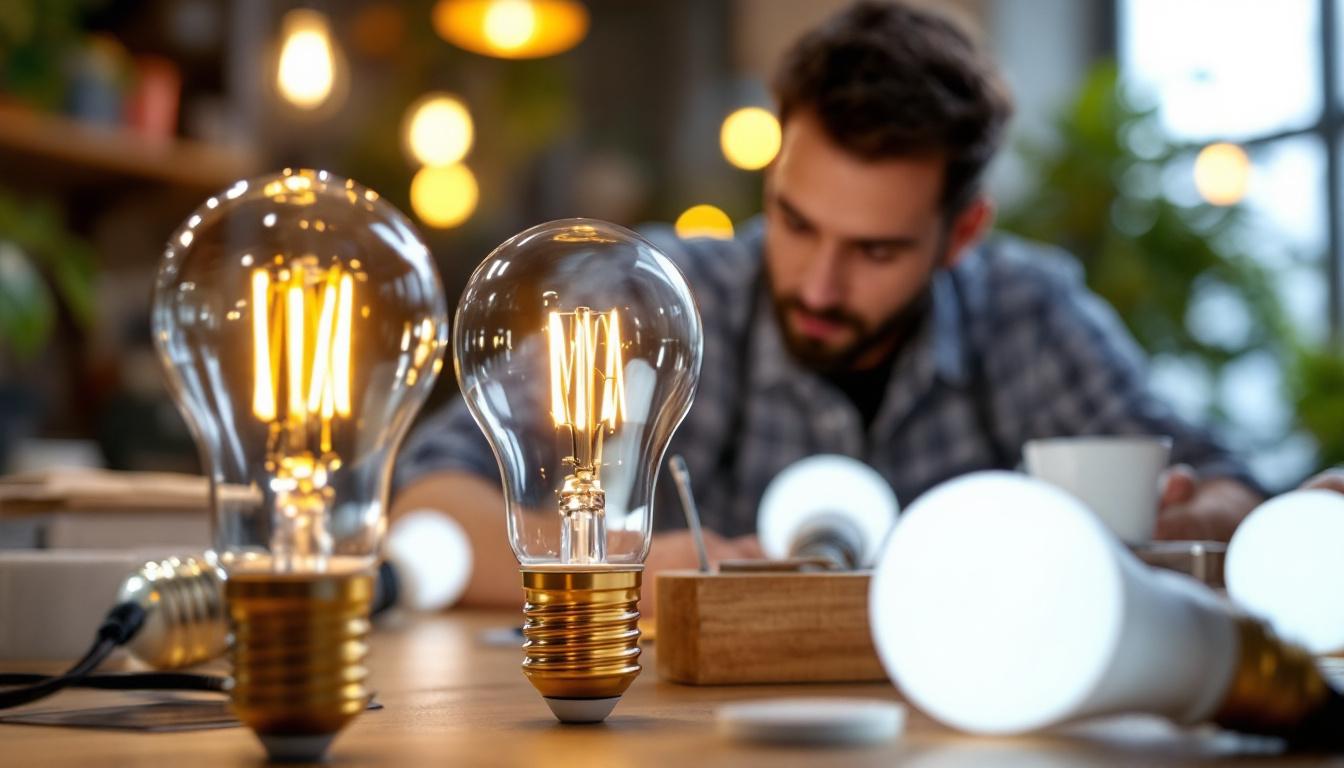 A photograph of a close-up shot of eterna light bulbs in a well-lit setting