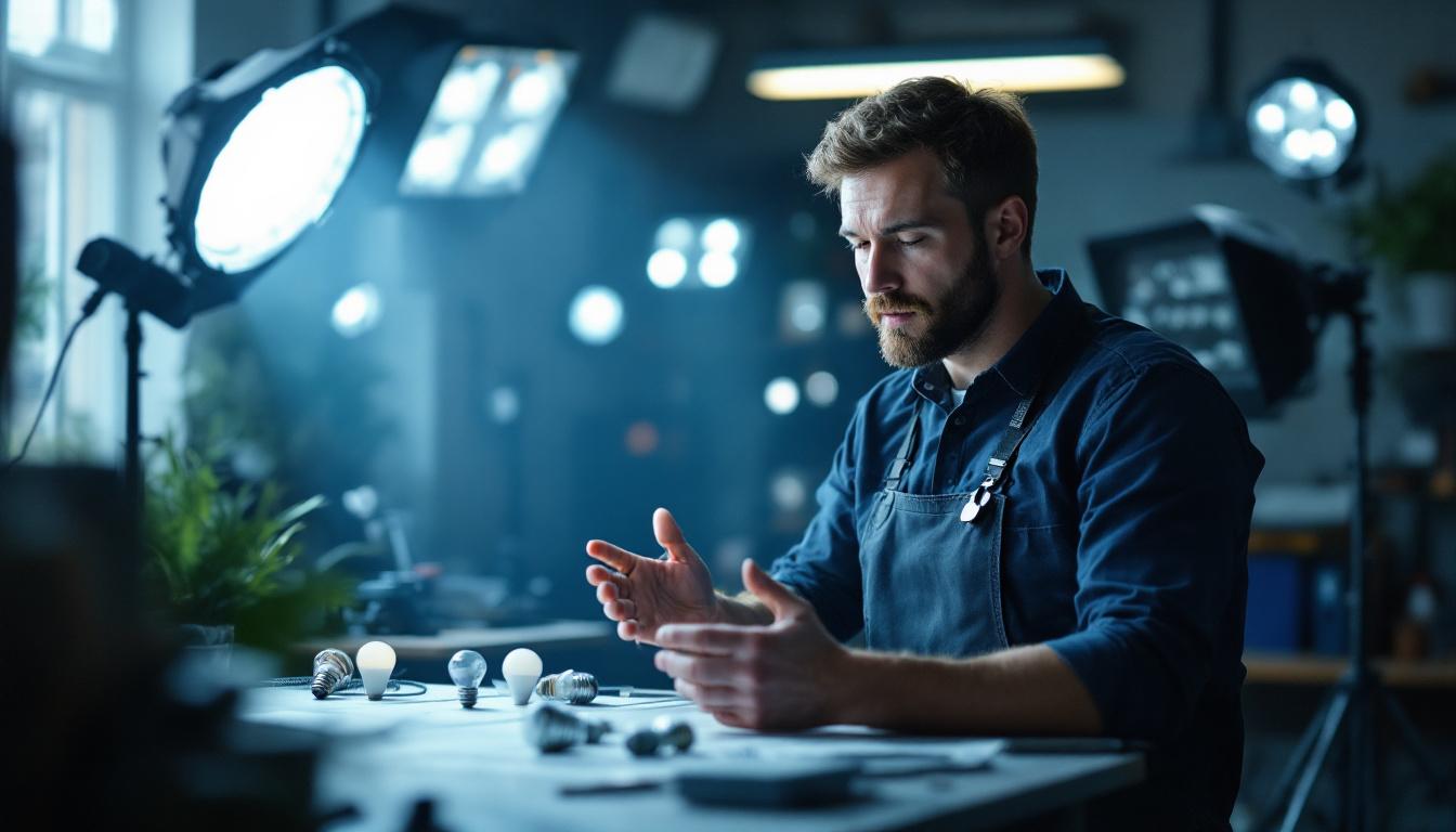 A photograph of a lighting engineer in a well-lit workspace