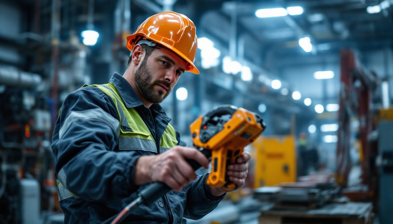 A photograph of a skilled electrician using advanced cable pulling tools in an industrial setting