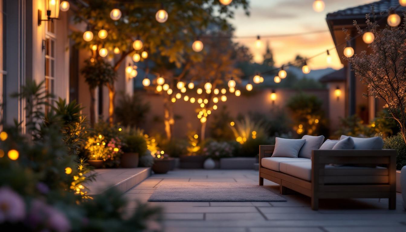 A photograph of a beautifully lit outdoor space showcasing various types of outdoor lights