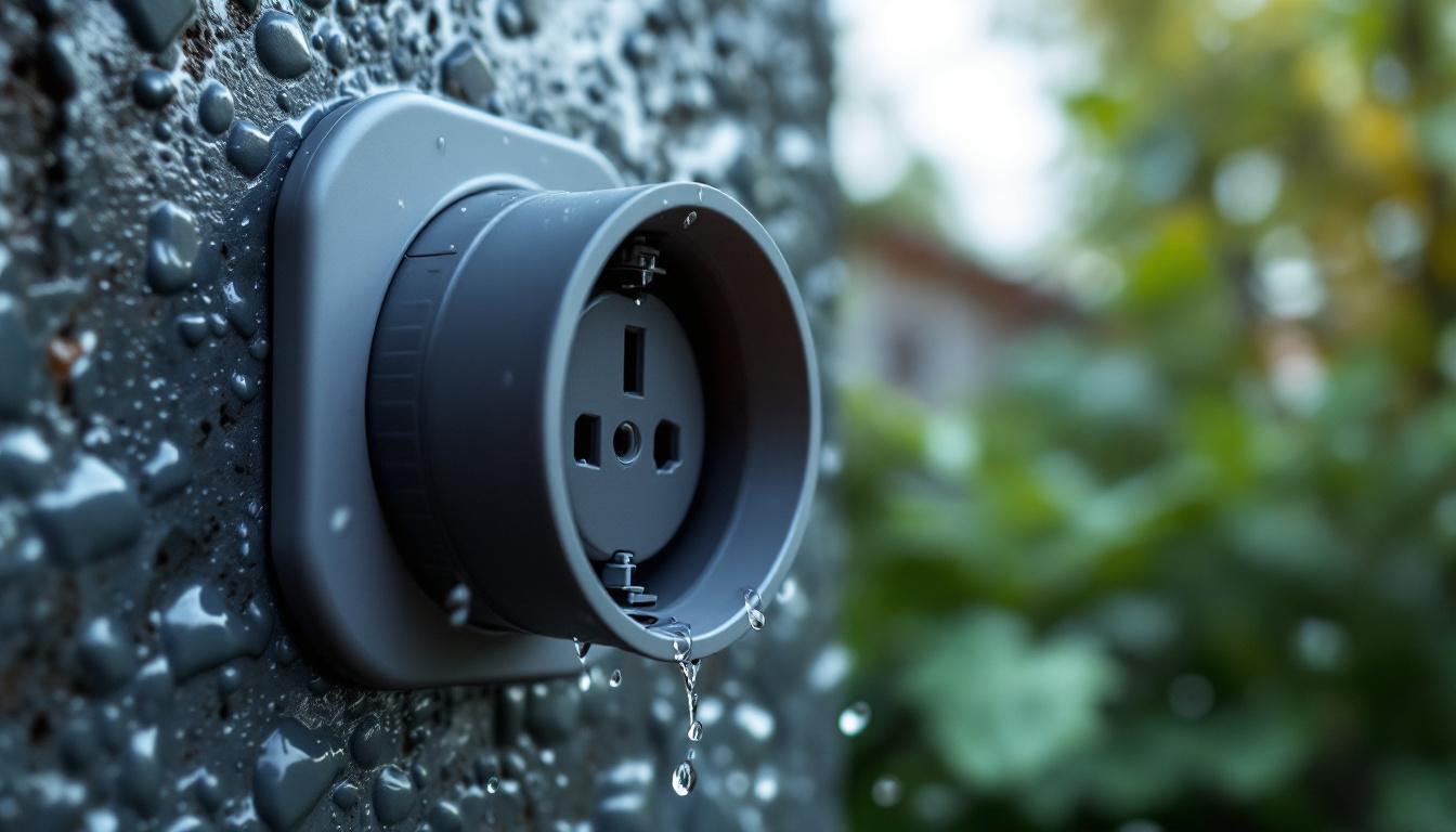 A photograph of a close-up of a waterproof light socket installed in an outdoor setting