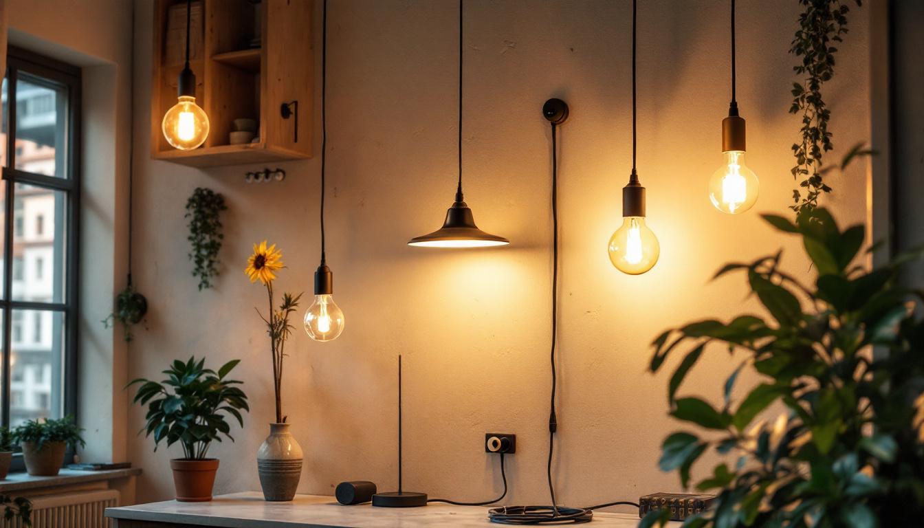 A photograph of a well-lit interior space showcasing various plug-in light fixtures in use