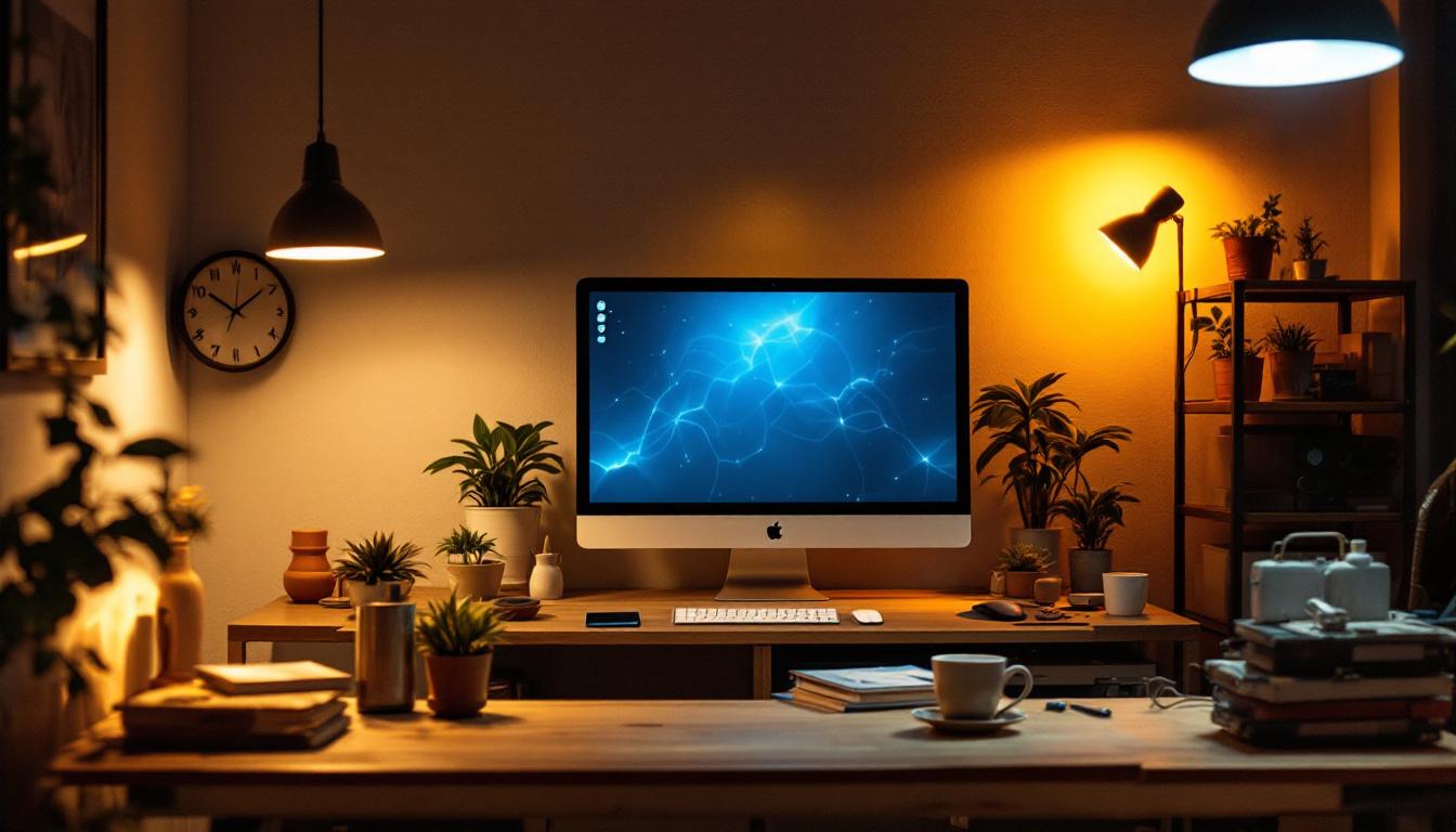 A photograph of a well-lit workspace showcasing various lighting fixtures with a focus on the warm