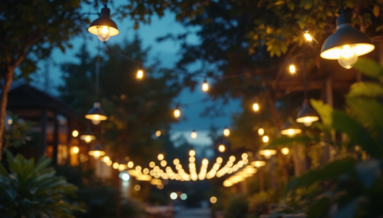 A photograph of a beautifully illuminated outdoor space featuring various types of fluorescent lights