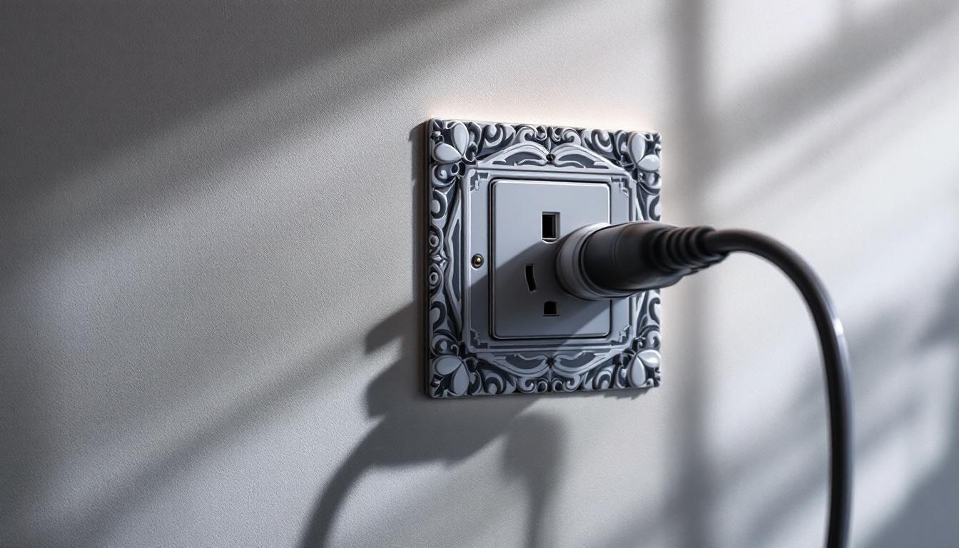 A photograph of a stylishly designed decorative electrical socket cover installed in a modern home setting