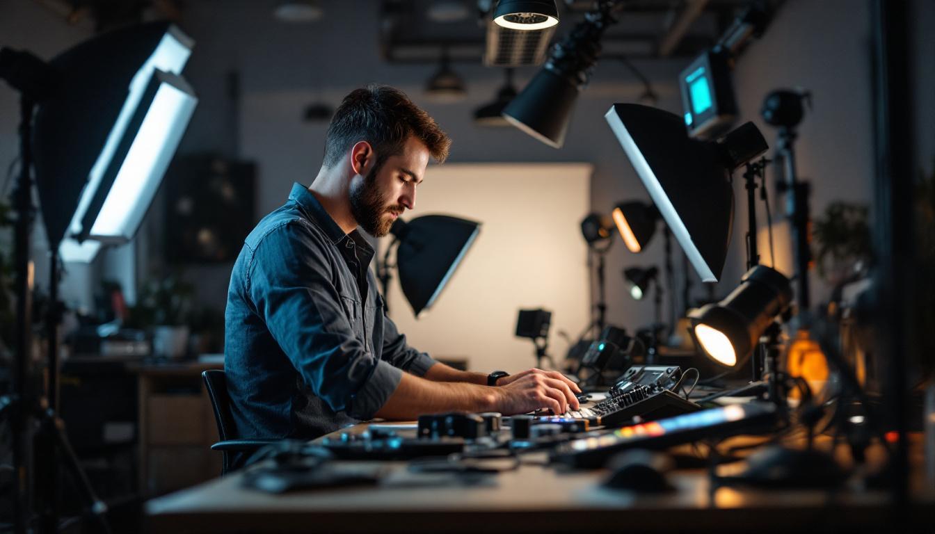 A photograph of a lighting engineer meticulously adjusting and optimizing various lighting setups in a modern workspace