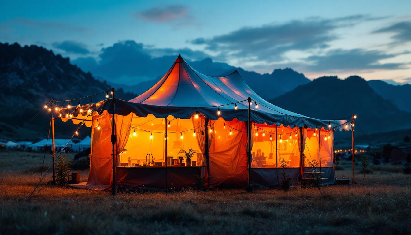 A photograph of a vibrant pop-up tent illuminated by an array of strategically placed lights