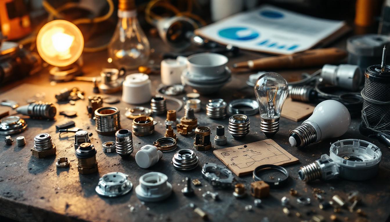 A photograph of a well-organized assortment of light fixture parts