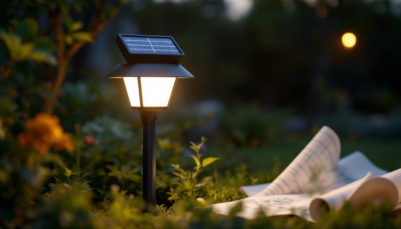 A photograph of a solar-powered outdoor lamp in a serene garden setting during twilight