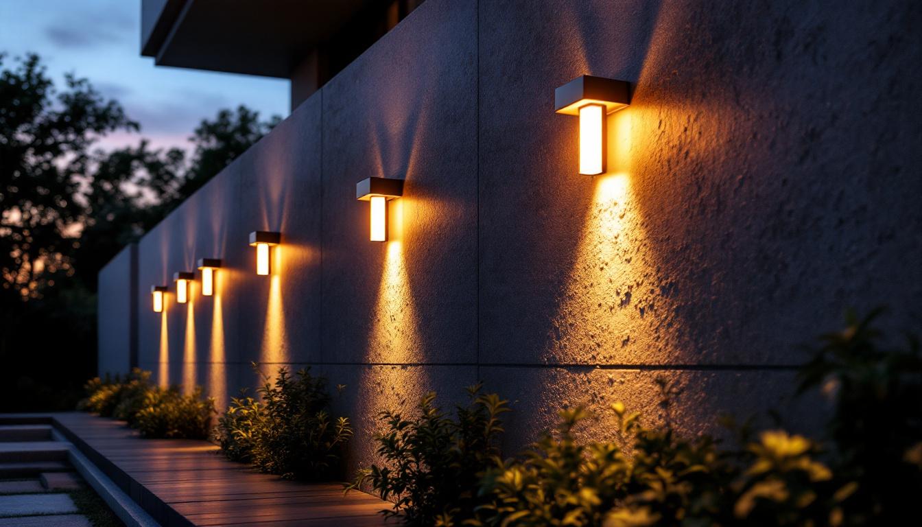 A photograph of a beautifully illuminated outdoor wall adorned with sleek solar lights at dusk