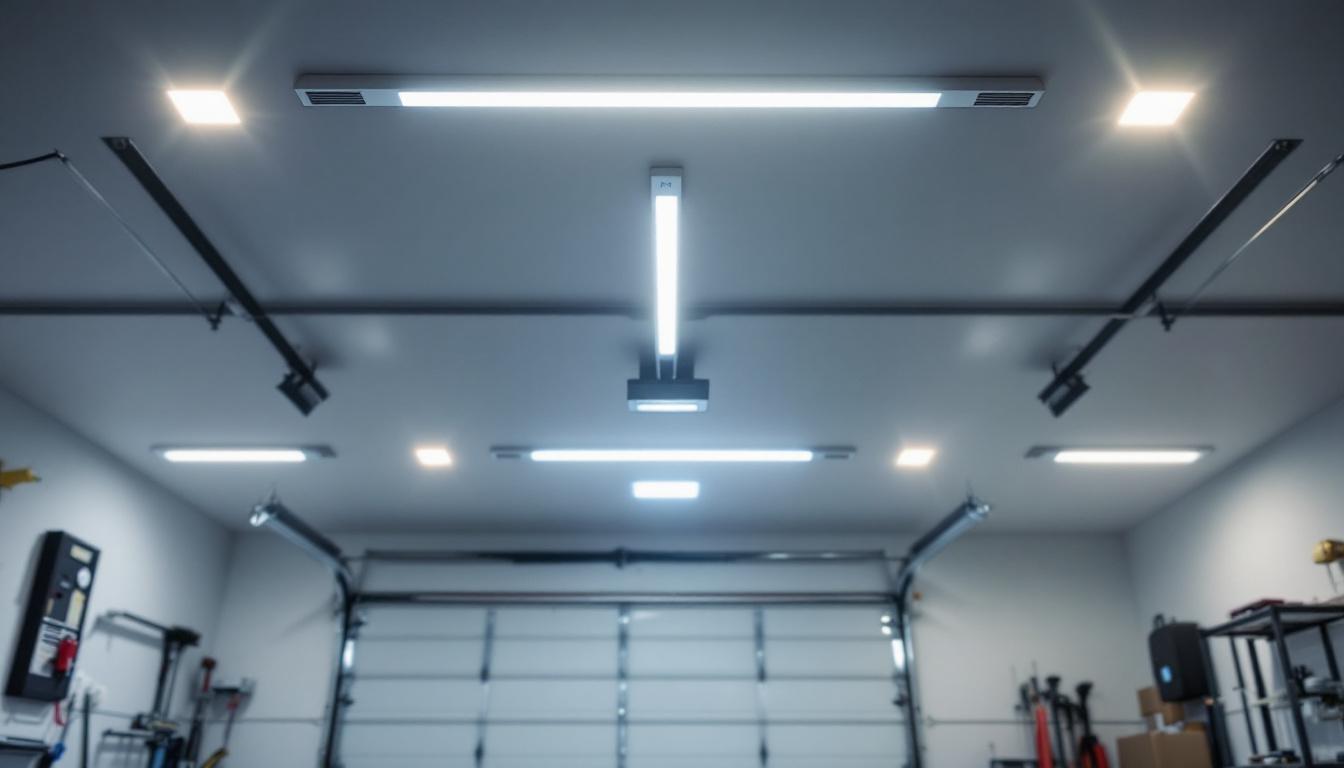 A photograph of a well-lit garage featuring modern led flush mount lights installed on the ceiling