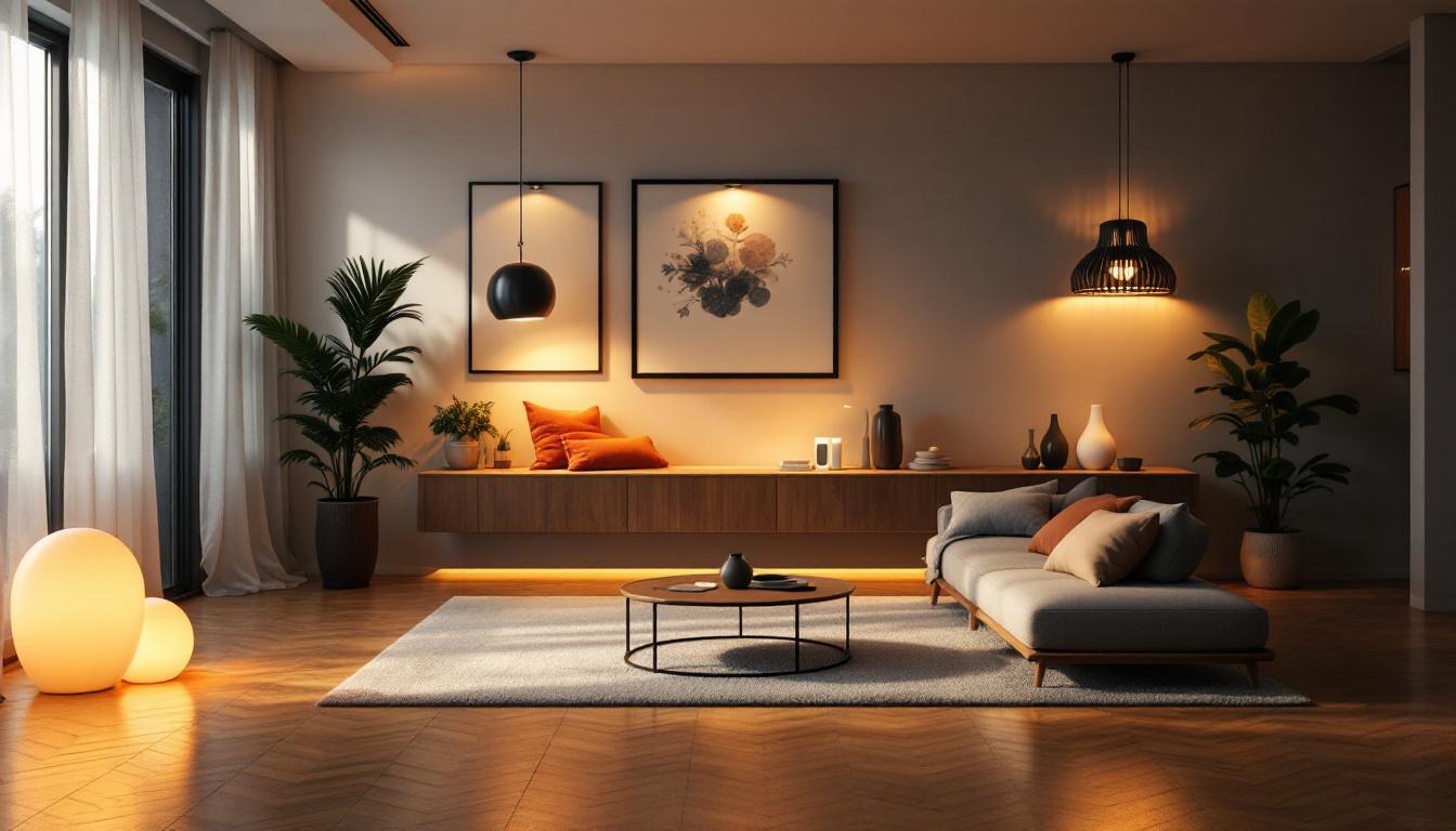 A photograph of a beautifully lit residential interior that showcases various lighting fixtures and their effects