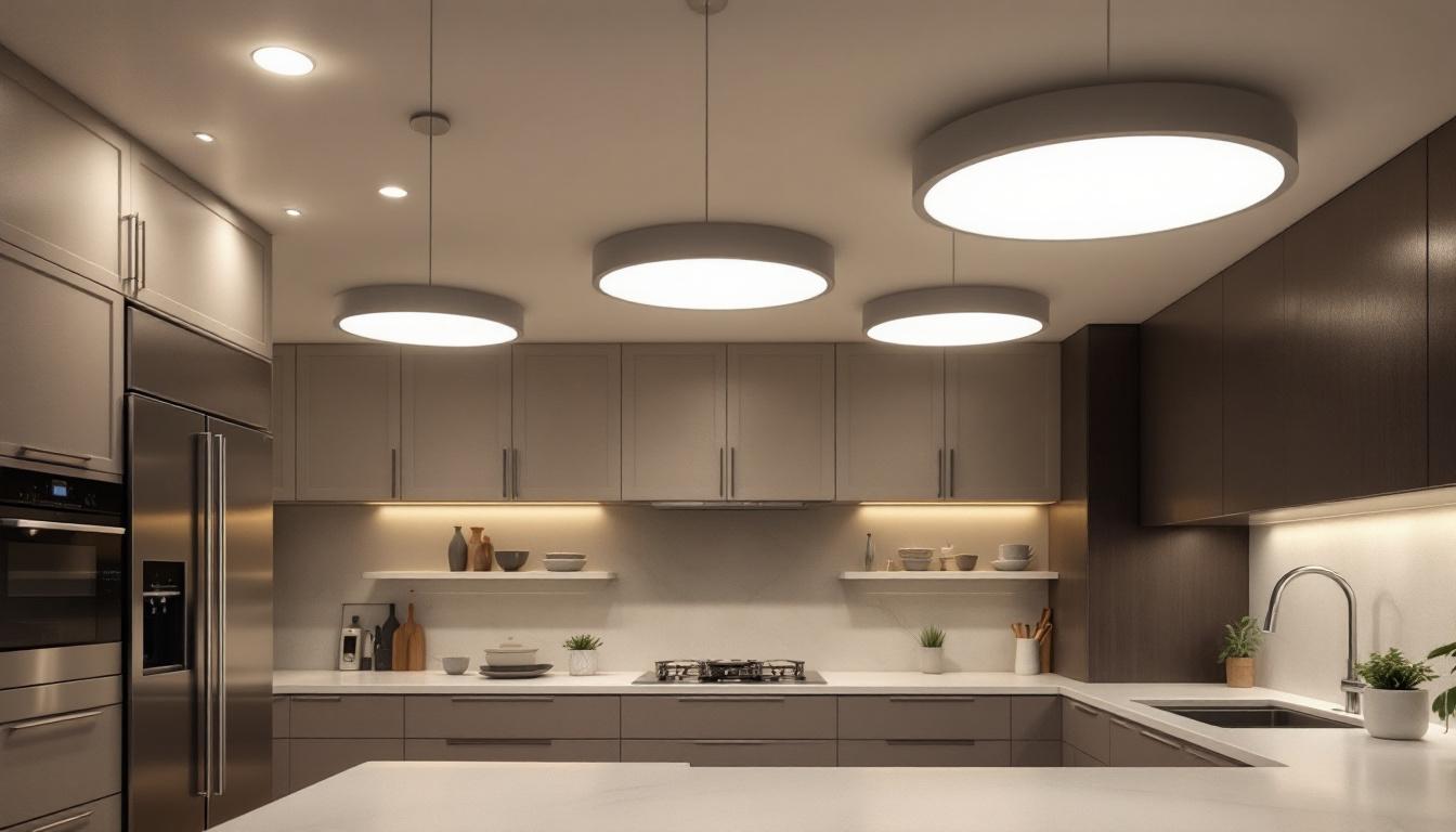 A photograph of a modern kitchen featuring various sizes of recessed lights installed in the ceiling