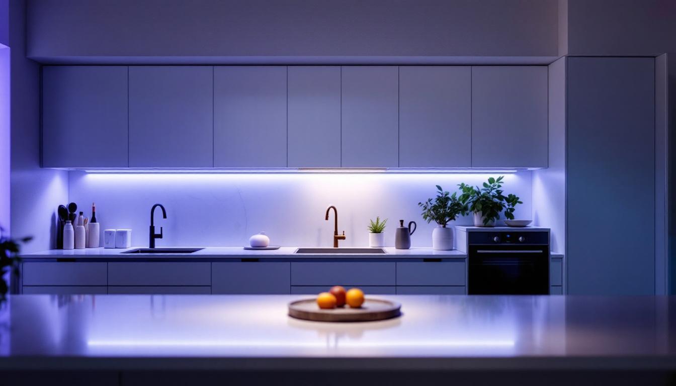 A photograph of a modern kitchen featuring sleek under-cabinet stick-on lighting that highlights the countertop and creates an inviting atmosphere