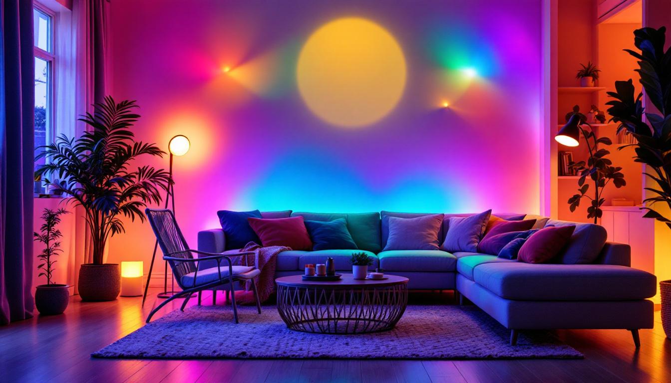 A photograph of a cozy living space illuminated by a variety of led color lighting options