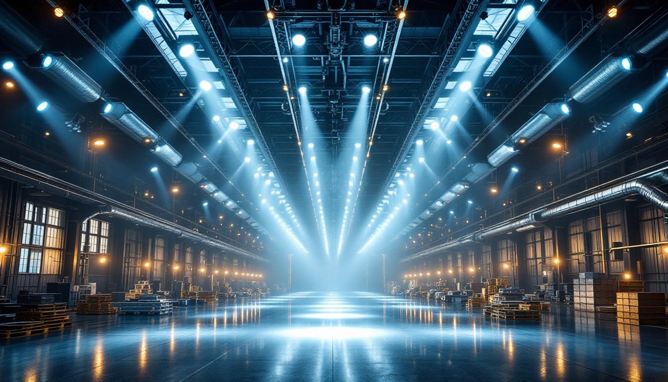 A photograph of a large-scale lighting installation in an industrial or commercial setting