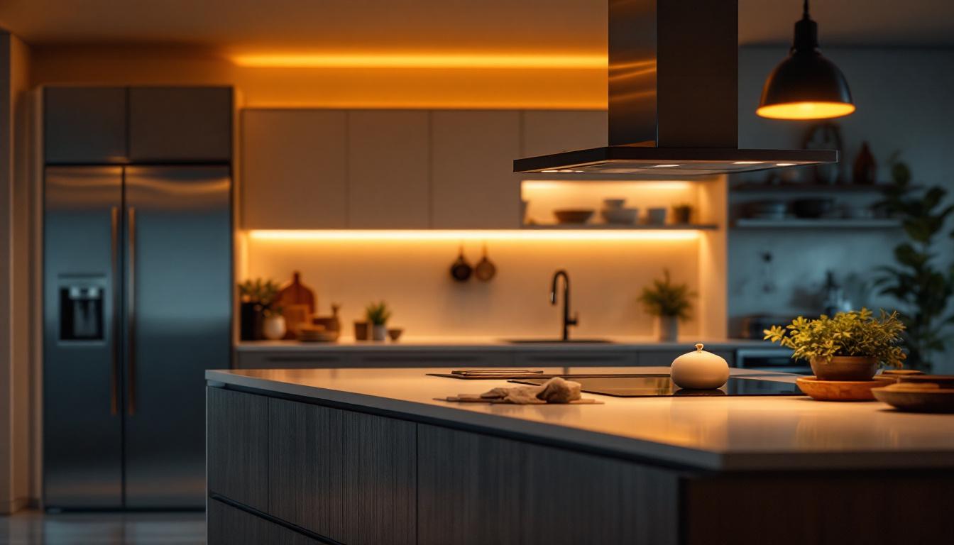 A photograph of a modern kitchen illuminated by stylish led lighting fixtures