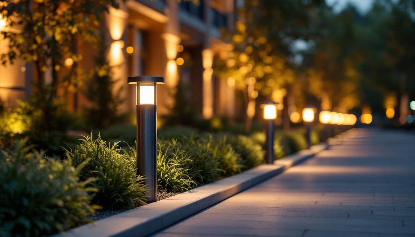A photograph of a beautifully illuminated outdoor space featuring low voltage bollard lights