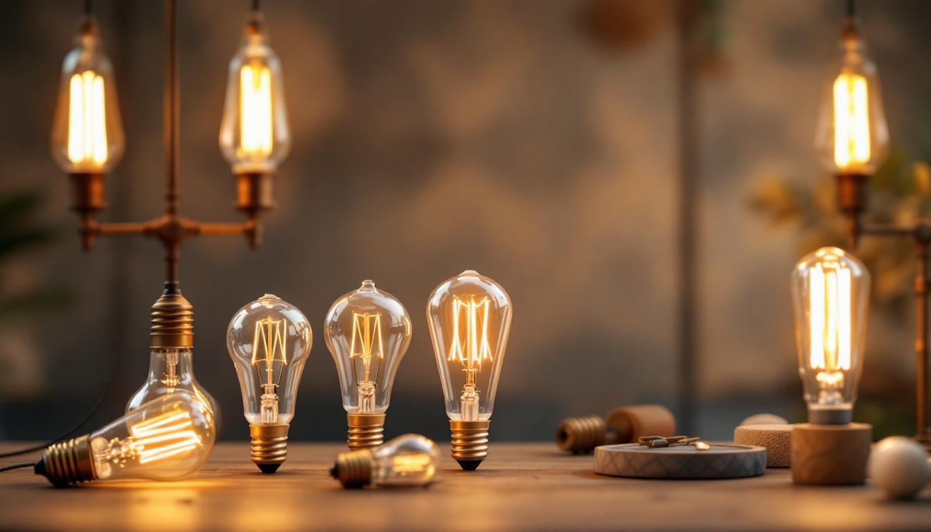 A photograph of a beautifully arranged display of retro-style light bulbs in various shapes and sizes