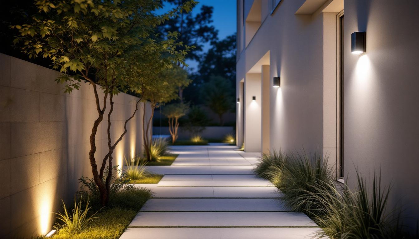 A photograph of a modern outdoor space illuminated by sleek led security lighting