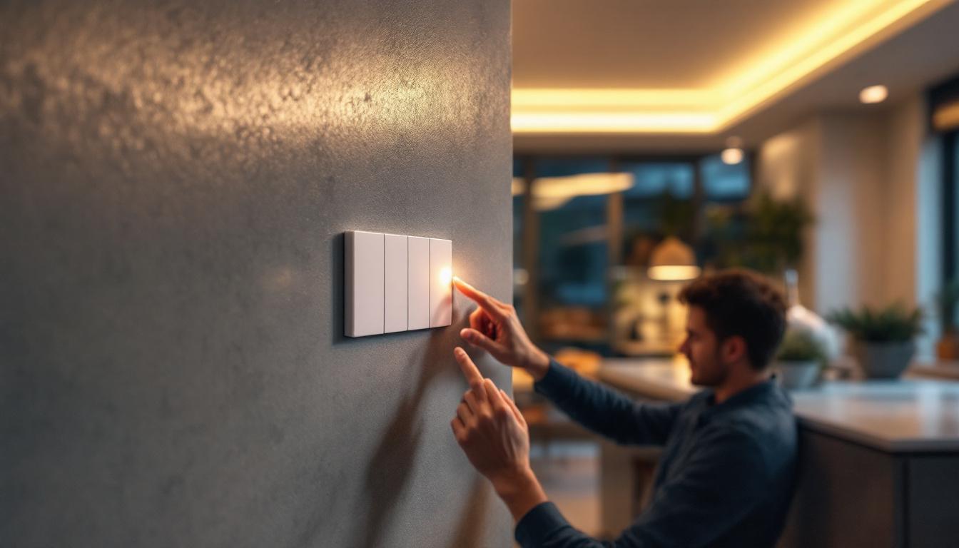 A photograph of a modern home interior featuring leviton z-wave switches in action