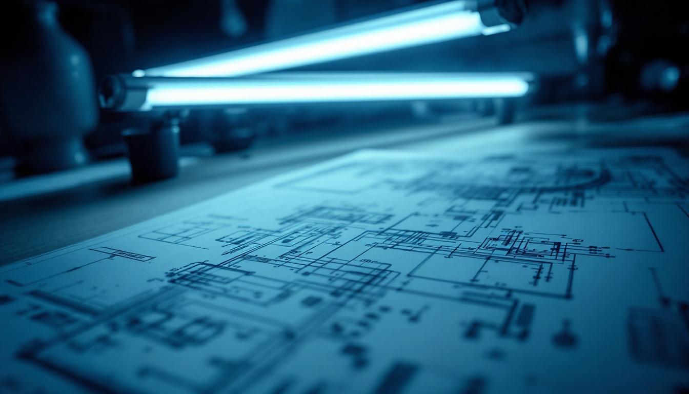 A photograph of a well-lit workspace featuring a two-tube fluorescent light fixture illuminating a detailed engineering blueprint or technical diagram