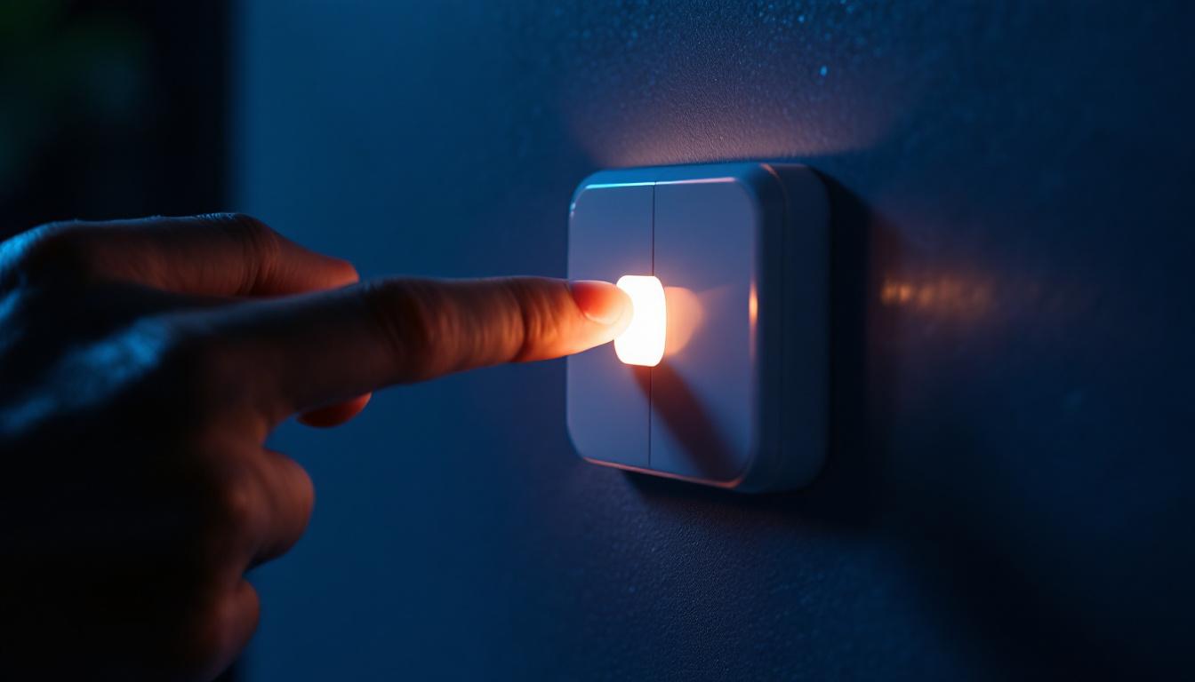 A photograph of a close-up shot of a modern light switch being toggled