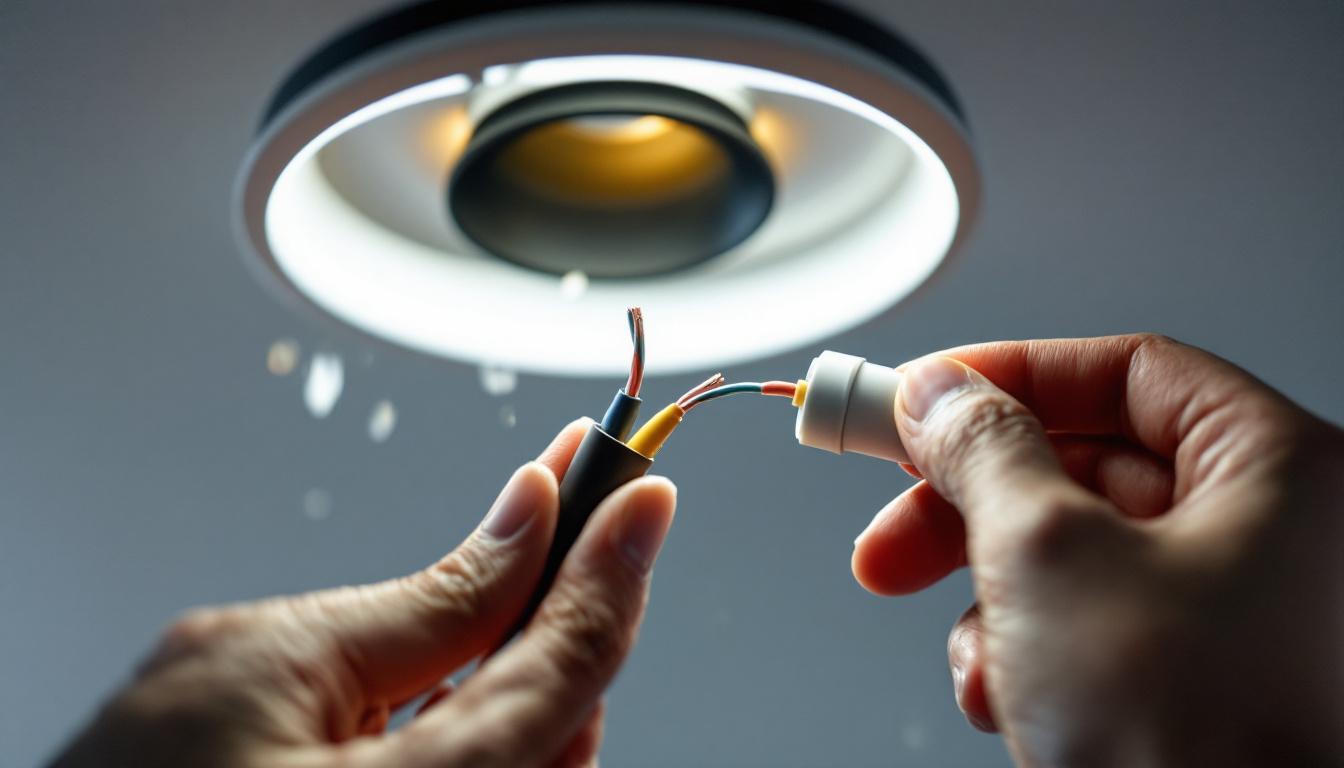A photograph of a close-up shot of a two-wire waterproof connector being installed in a lighting fixture