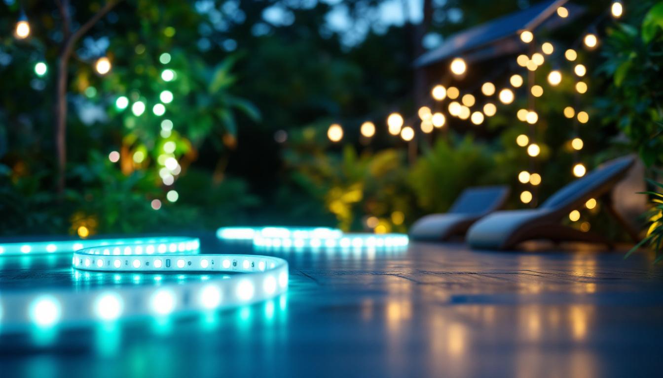 A photograph of a beautifully illuminated outdoor space featuring solar-powered led strip lights