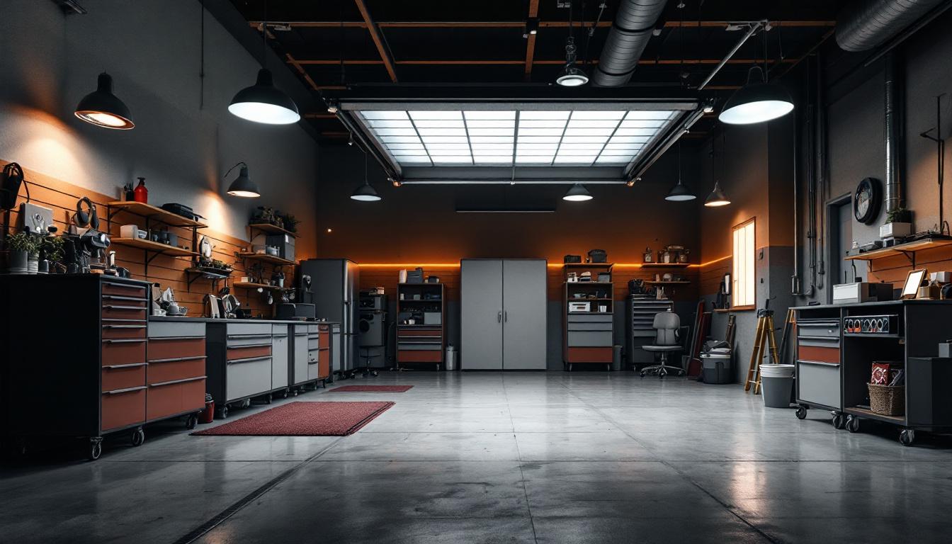 A photograph of a well-lit garage showcasing various lighting solutions
