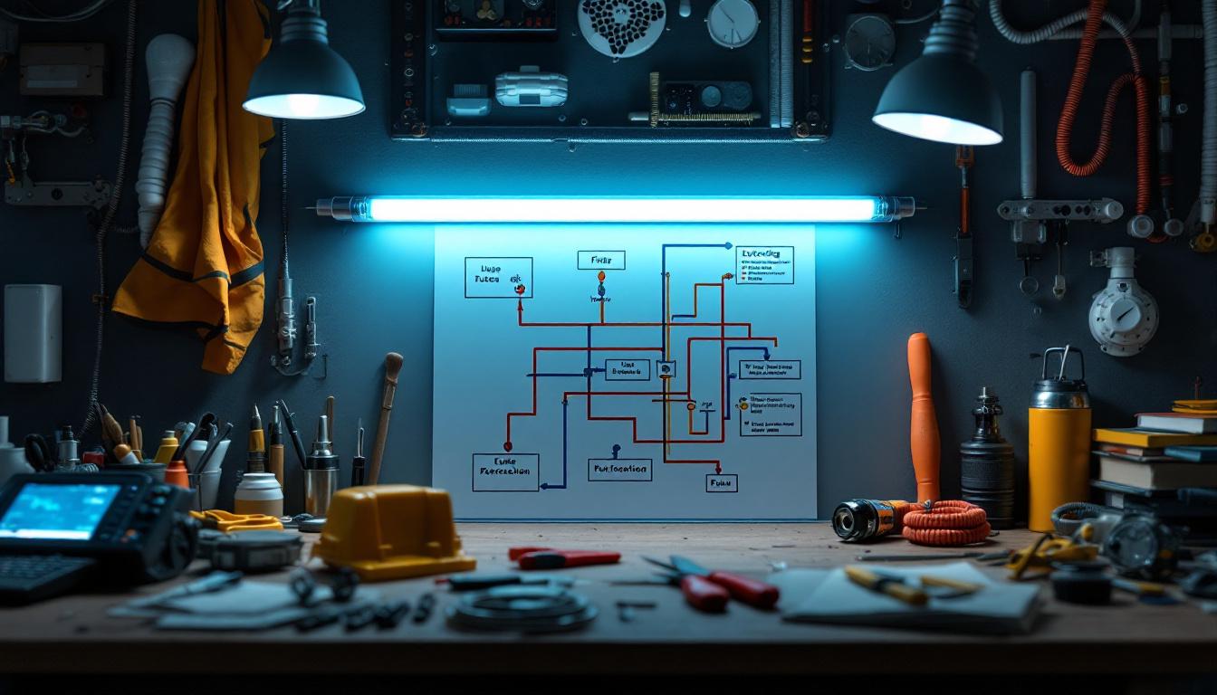 A photograph of a well-organized fluorescent tube connection diagram displayed on a workbench