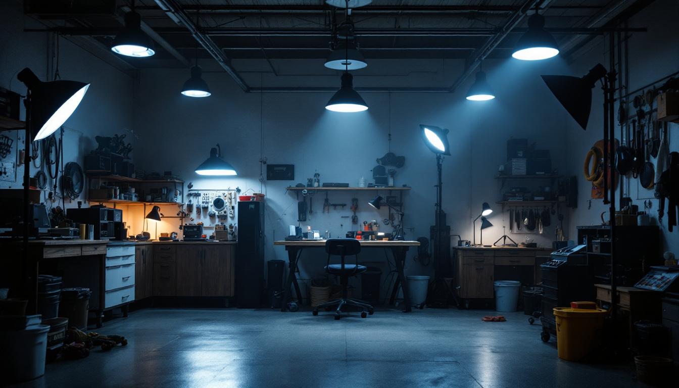 A photograph of a well-lit garage workspace showcasing various lighting setups