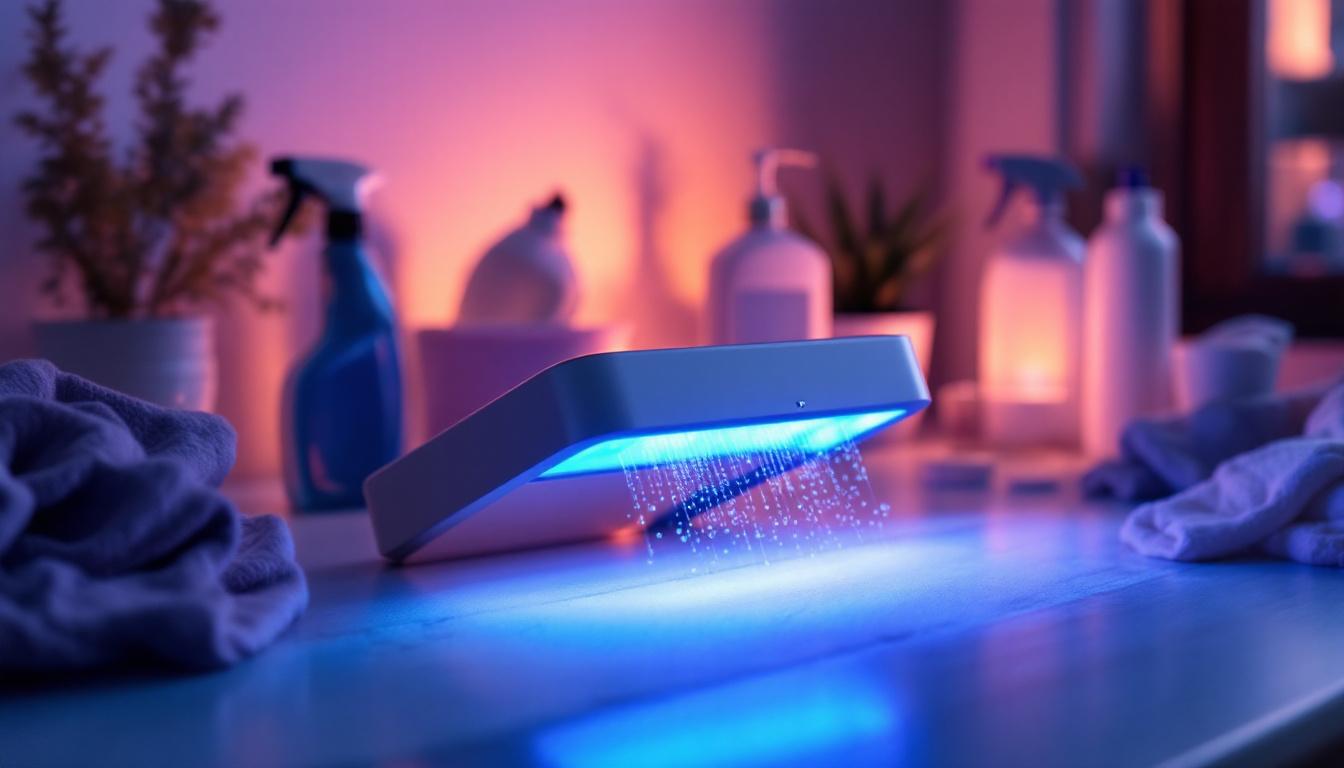 A photograph of a sleek uv disinfecting device in action