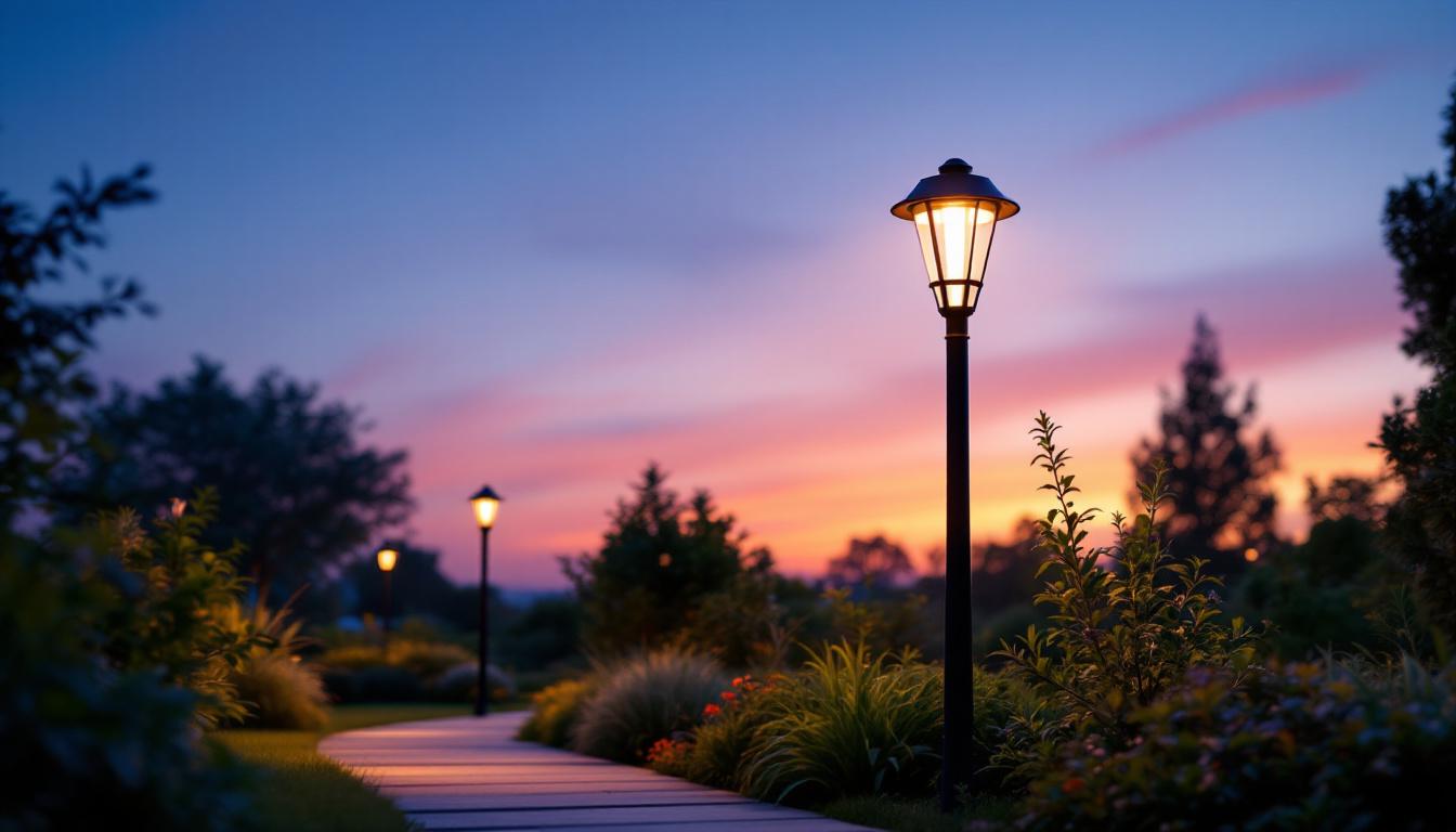A photograph of a beautifully designed outdoor light post fixture illuminating a garden pathway at dusk