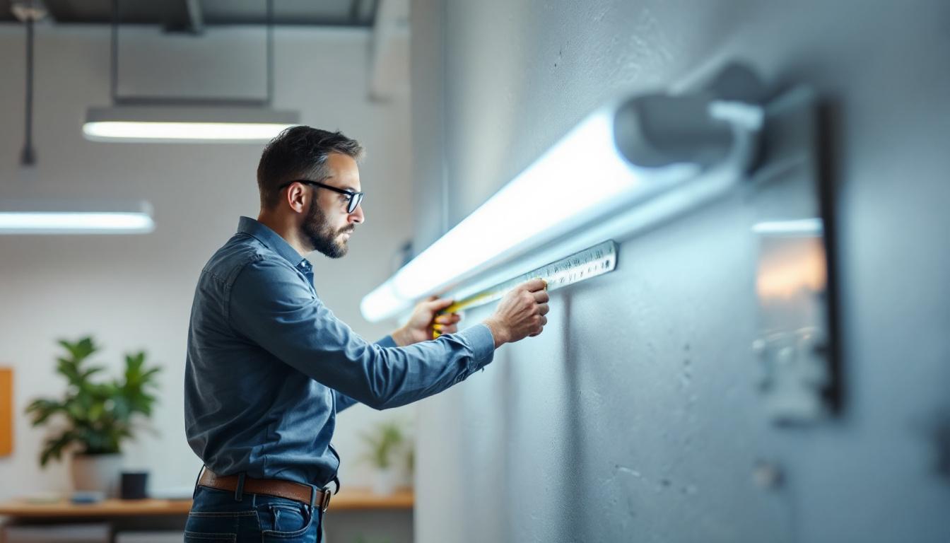 A photograph of capture a photograph of a person measuring a fluorescent tube with a tape measure in a well-lit workspace